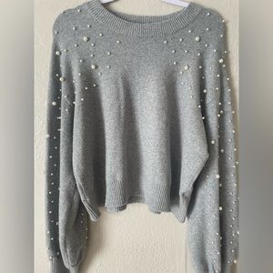 Large gray sweater with beautiful white pearl embellishments! Chelsea and Violet